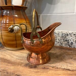 Vintage Copper Brass Mini Coal Helmet Scuttle Delft Planter Pot Farmhouse